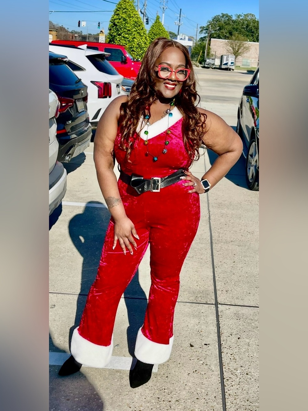 Pre-Loved Holiday Red Velvet Sleeveless Jumpsuit with Contrast Trim